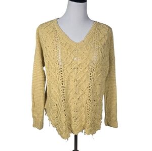 Free People Small Petite Yellow V-Neck Cable Knit Sweater